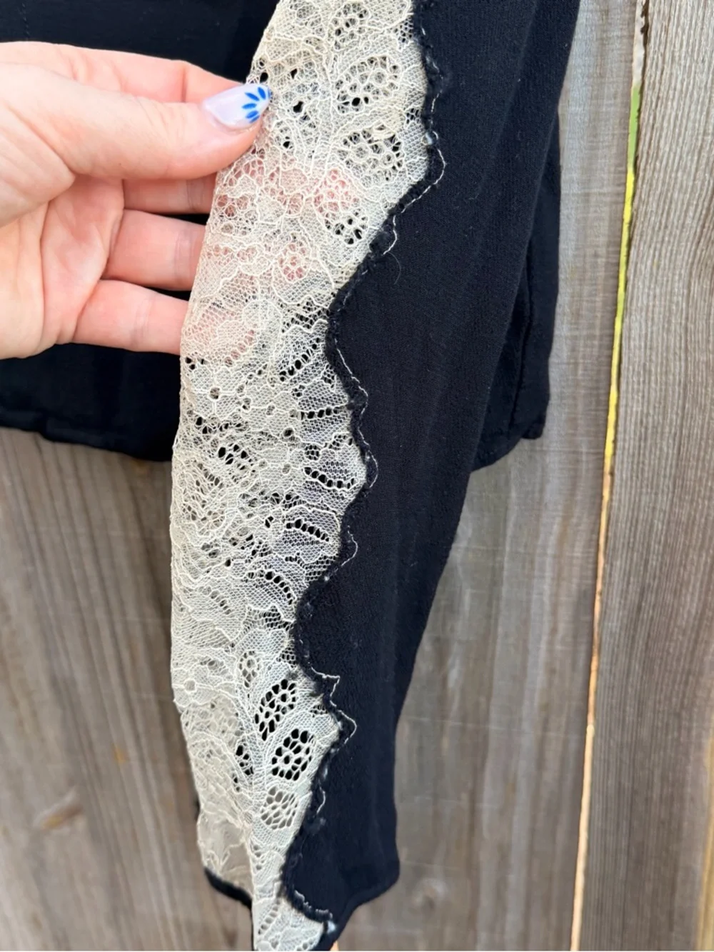 Free People Freya lace arm XS rayon tie neck V-Neck black long sleeve shirt